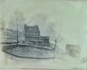 1861 drawing of Scroggie house - from Anna Broomall collection at Delaware County Historical Society